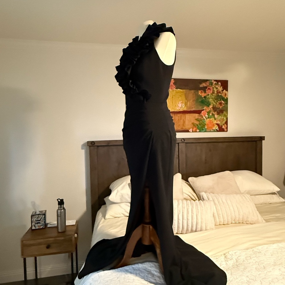 Aqua black dress with ruffled neck line.